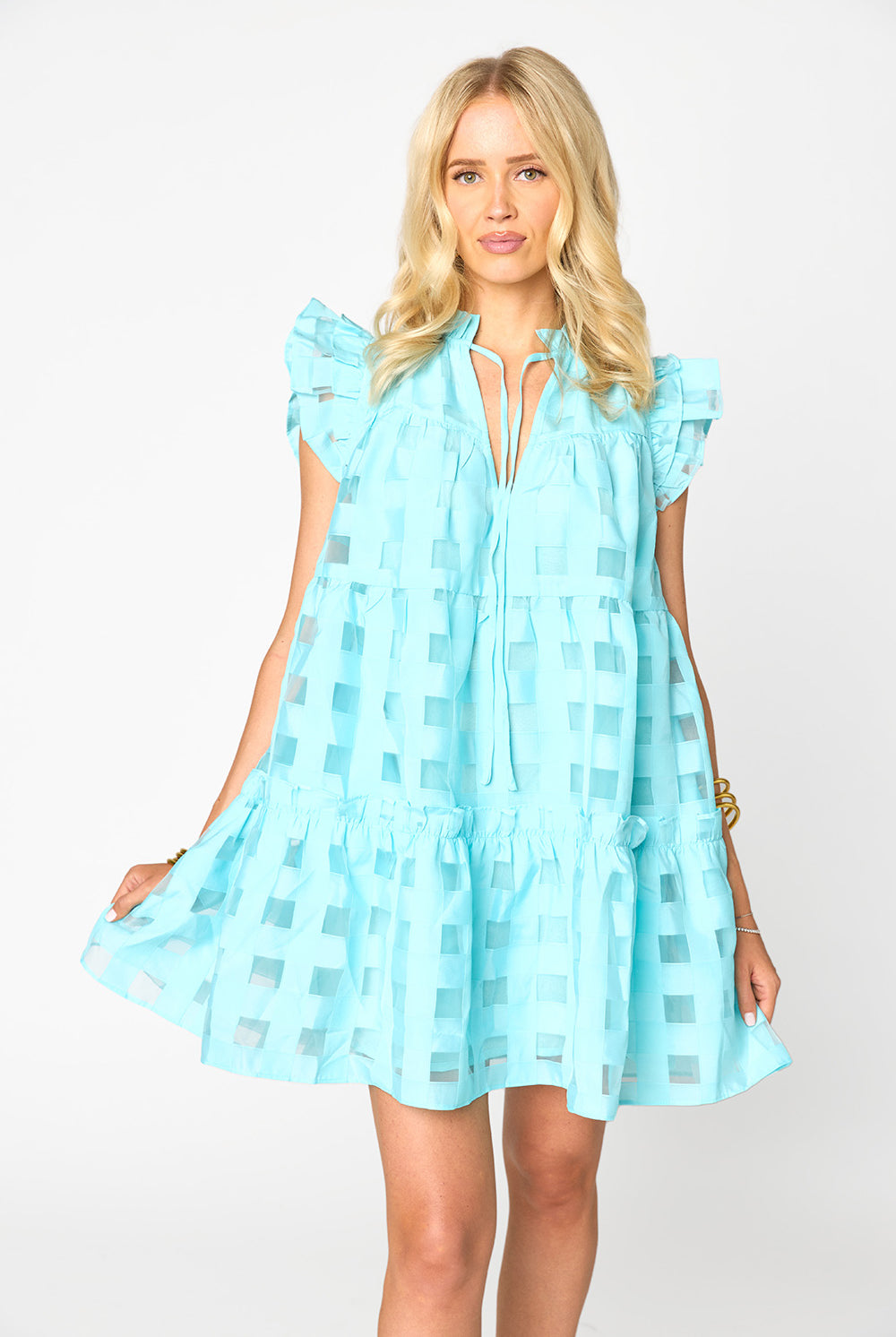 BuddyLove | Aubrey Ruffle Shoulder Short Dress | Sky