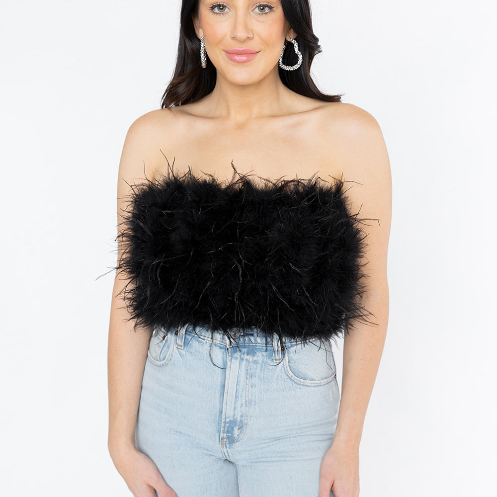 BuddyLove Fancy Strapless Feather Crop Top - Black