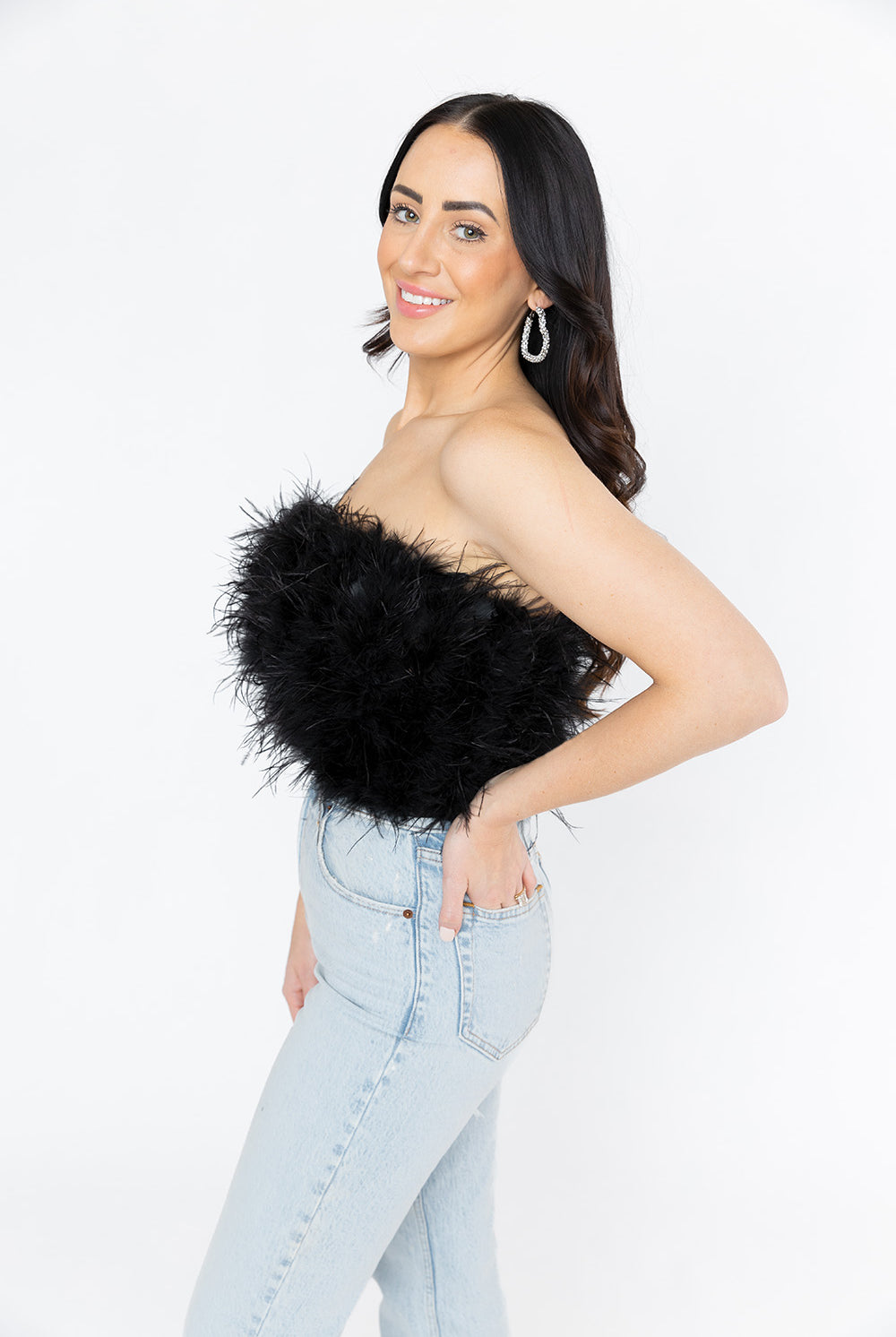 BuddyLove Fancy Strapless Feather Crop Top - Black