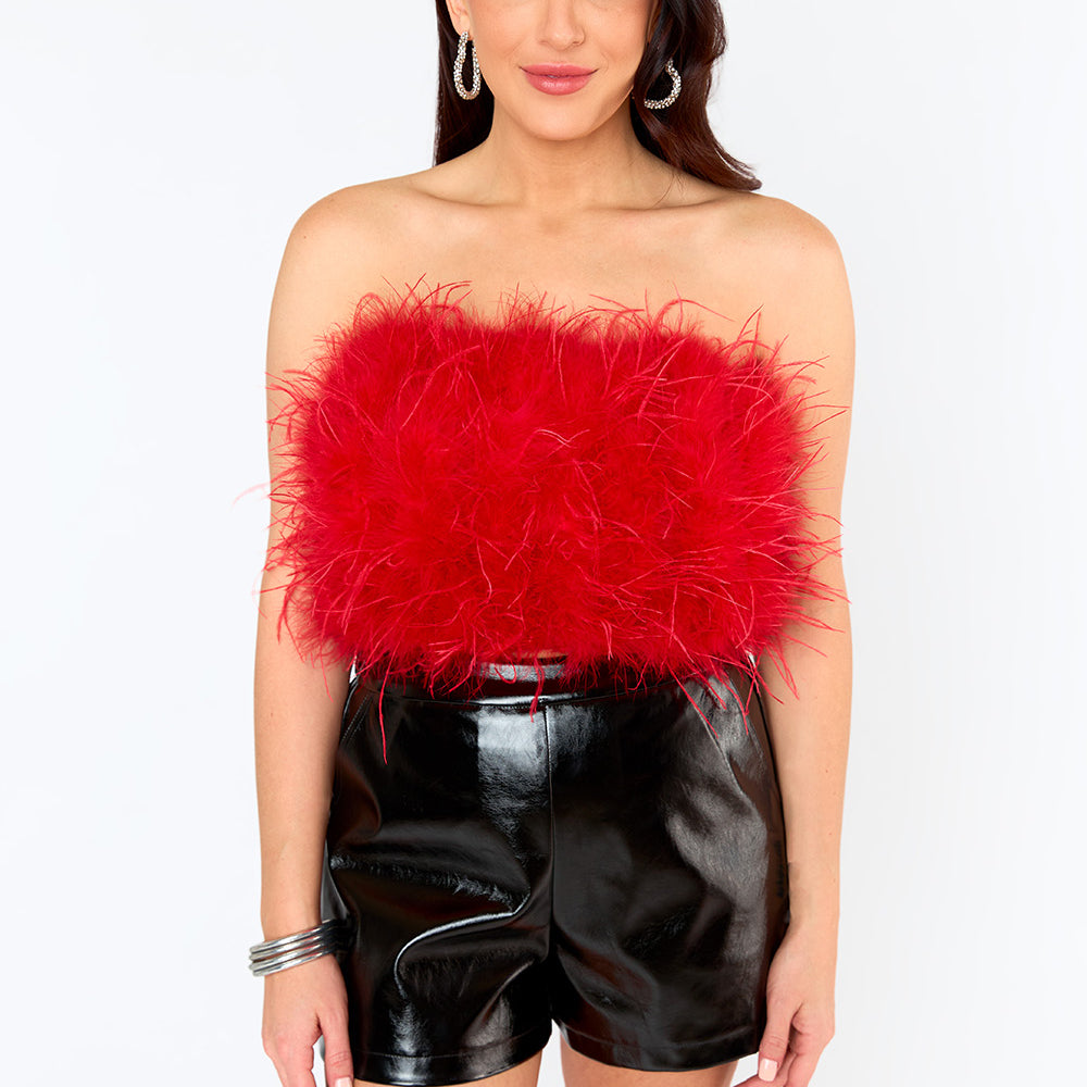 BuddyLove Fancy Strapless Feather Crop Top - Crimson