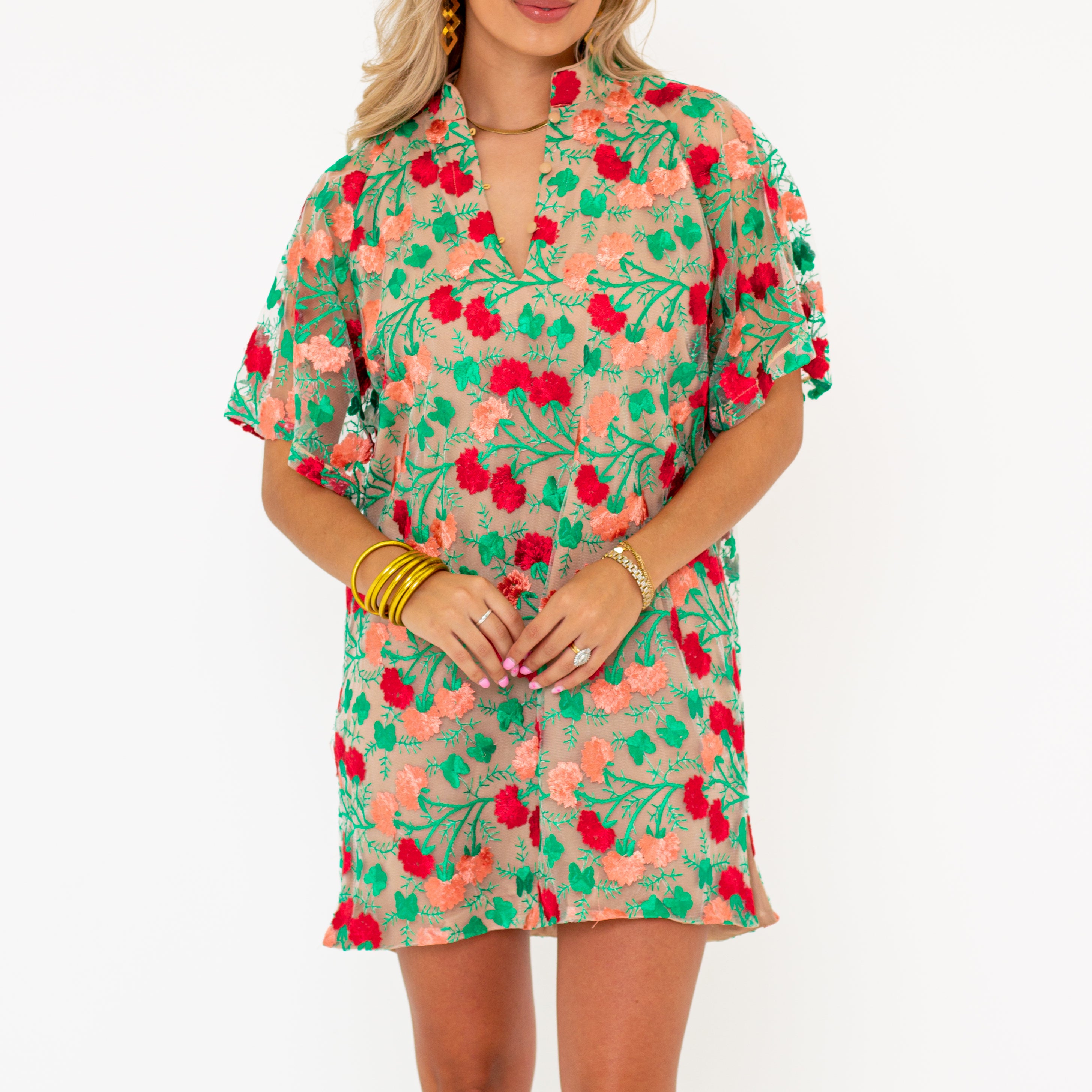 Lulu Short Sleeve Mini Caftan- Precious Coral