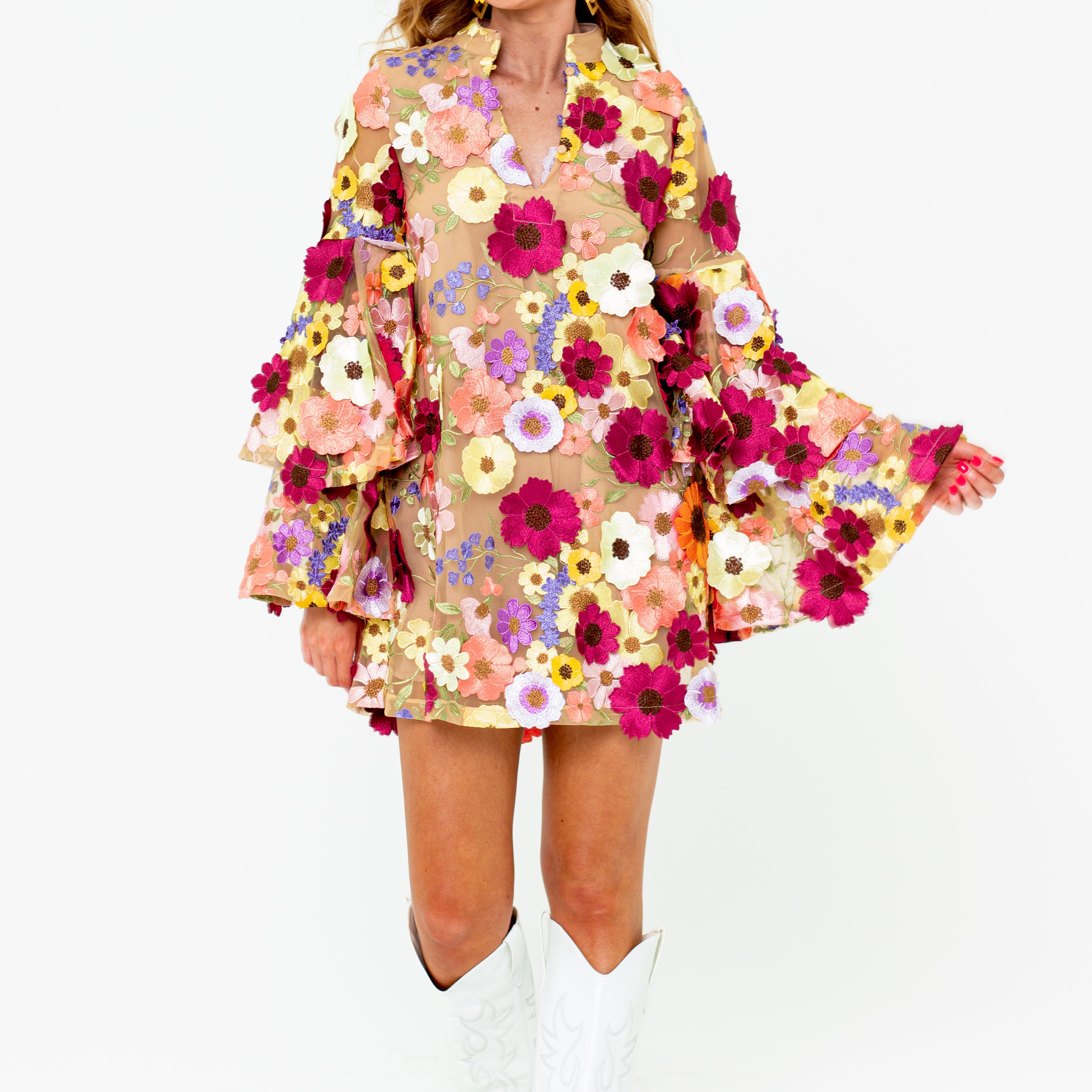 Gayle Long Sleeve Mini Dress - Gerber Daisy