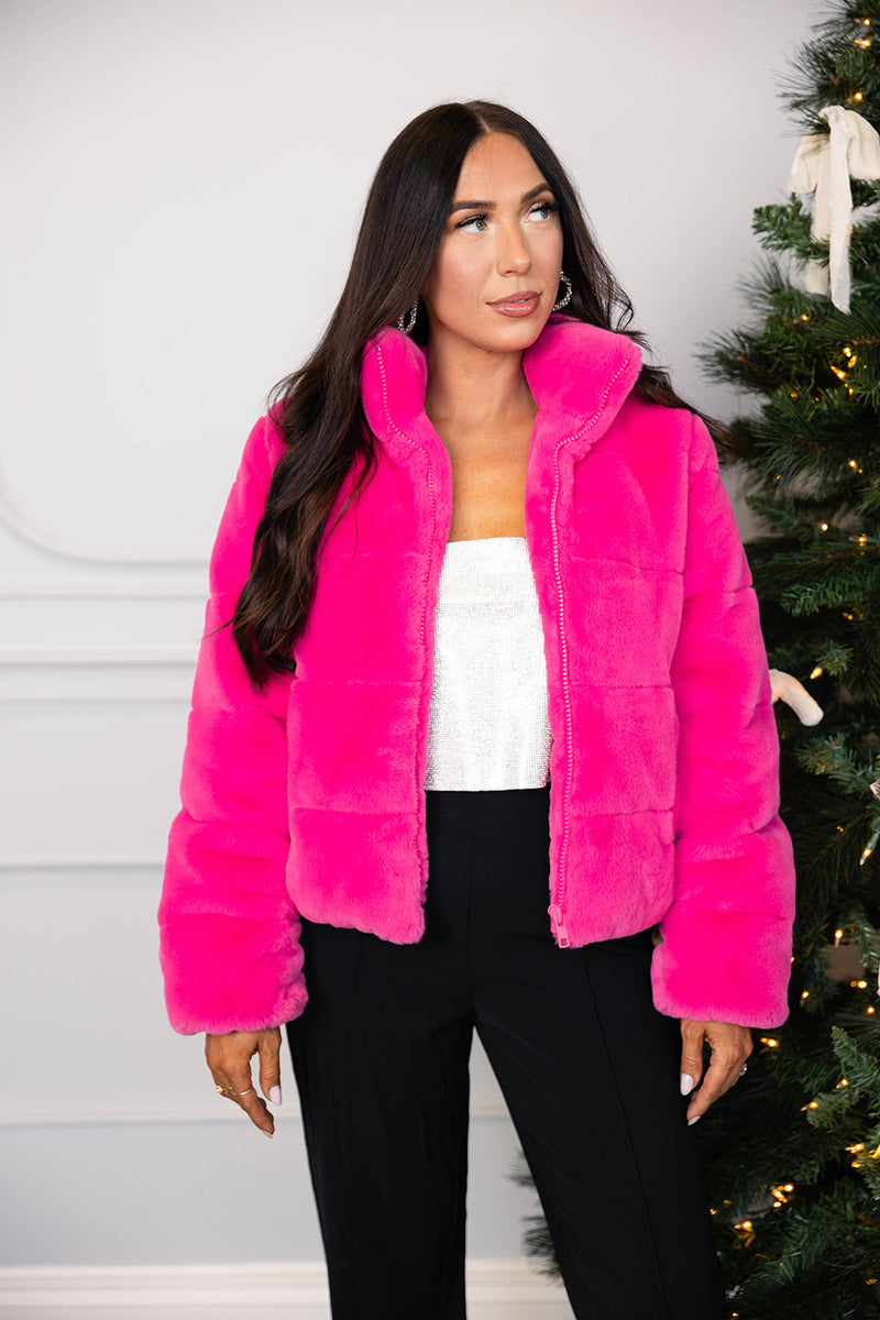 BuddyLove Noella Faux Fur Jacket - Hot Pink - L / Pink / Solids