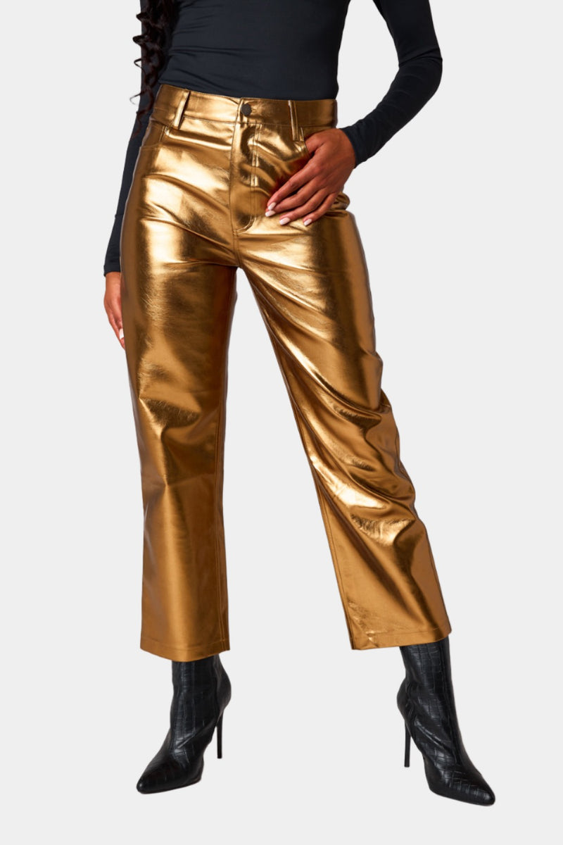 Express Metallic Shine High Waisted Belted Cargo Ankle Pant Gold Women's