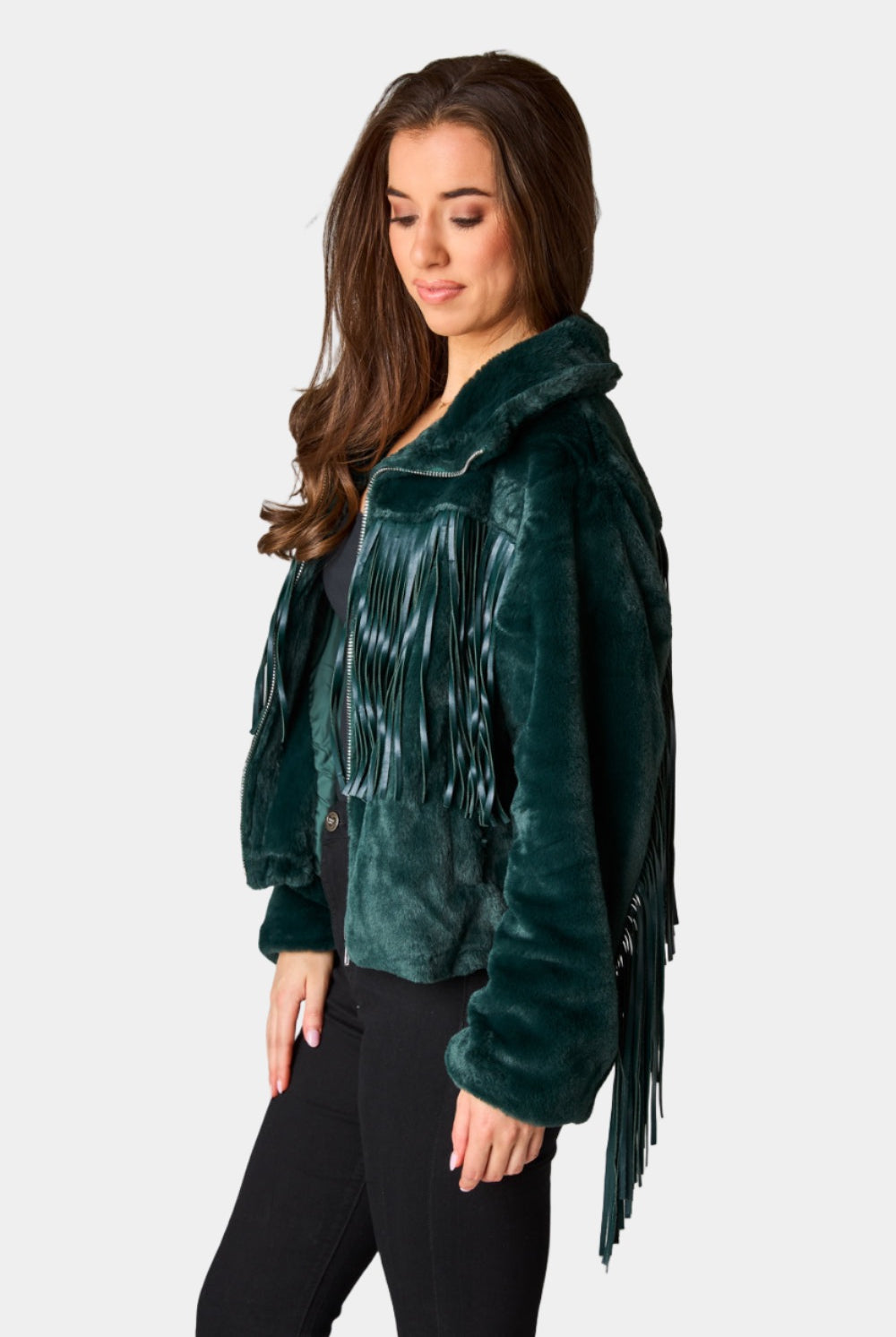 BuddyLove Skylar Fringe Faux Fur Jacket - Jade