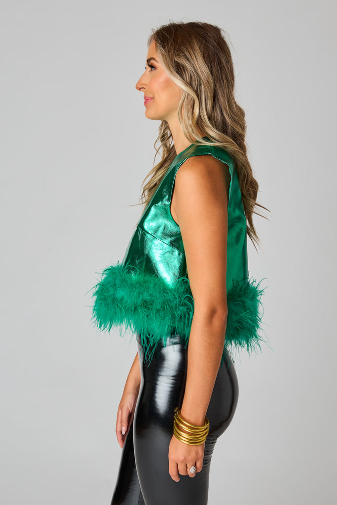 BuddyLove Queenie Metallic Feather Trim Top - Emerald