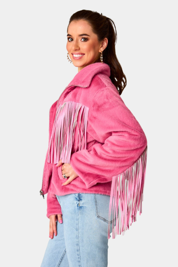 BuddyLove Skylar Fringe Faux Fur Jacket - Hot Pink