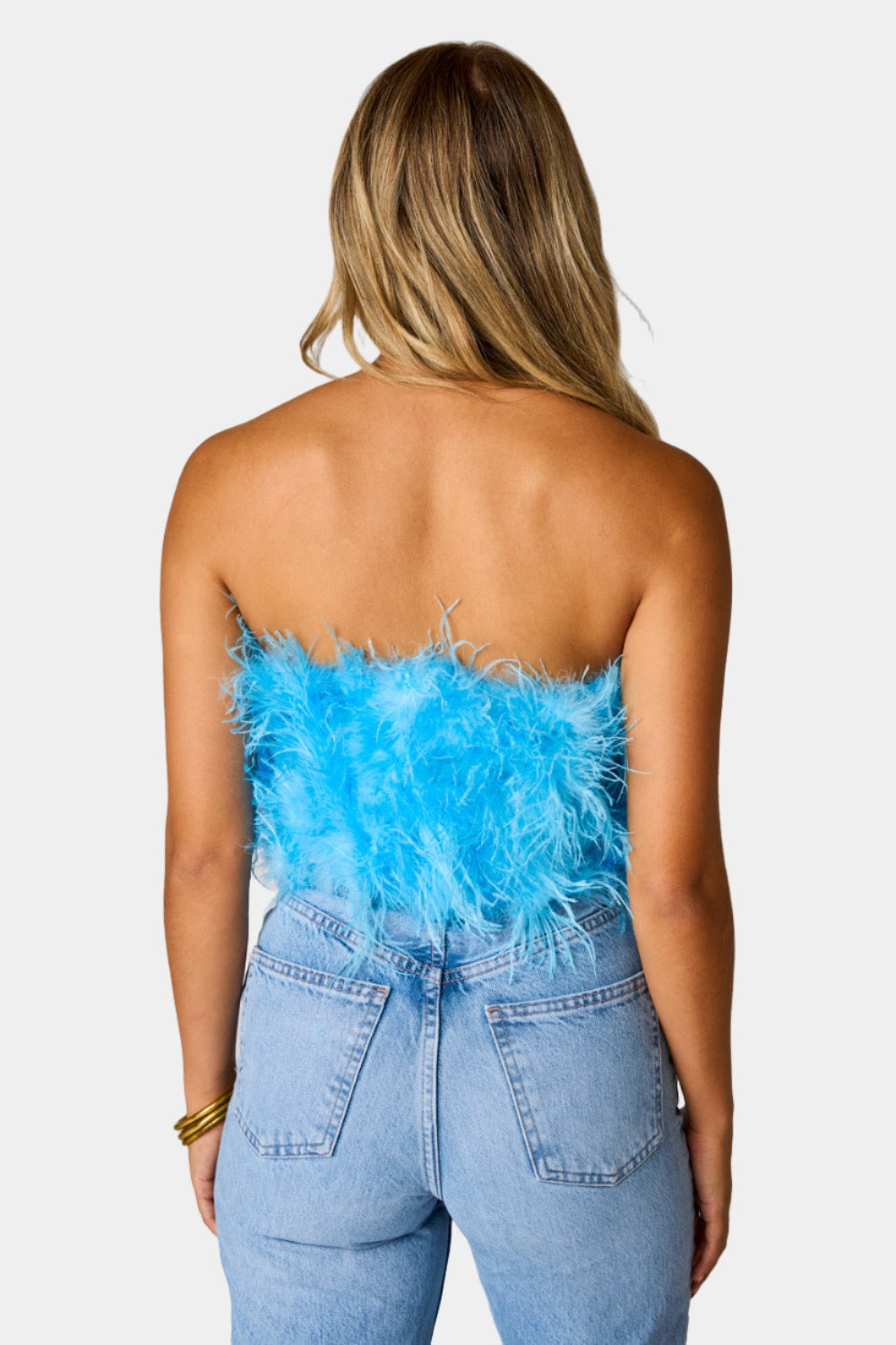 BuddyLove Fancy Strapless Feather Crop Top - Azure Blue