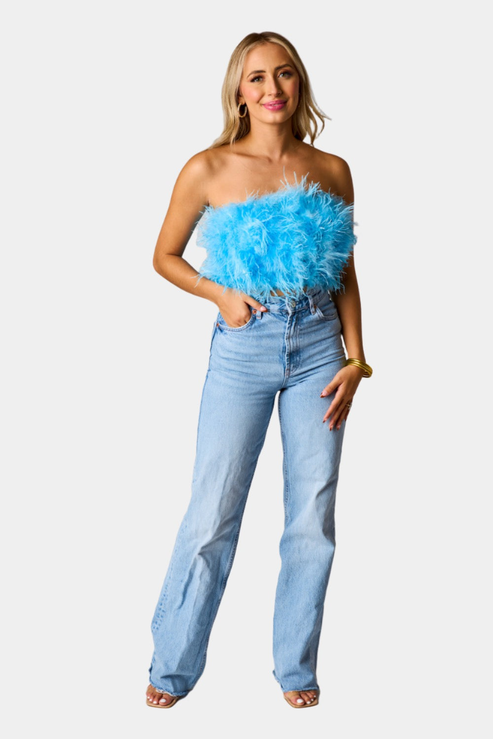 BuddyLove Fancy Strapless Feather Crop Top - Azure Blue