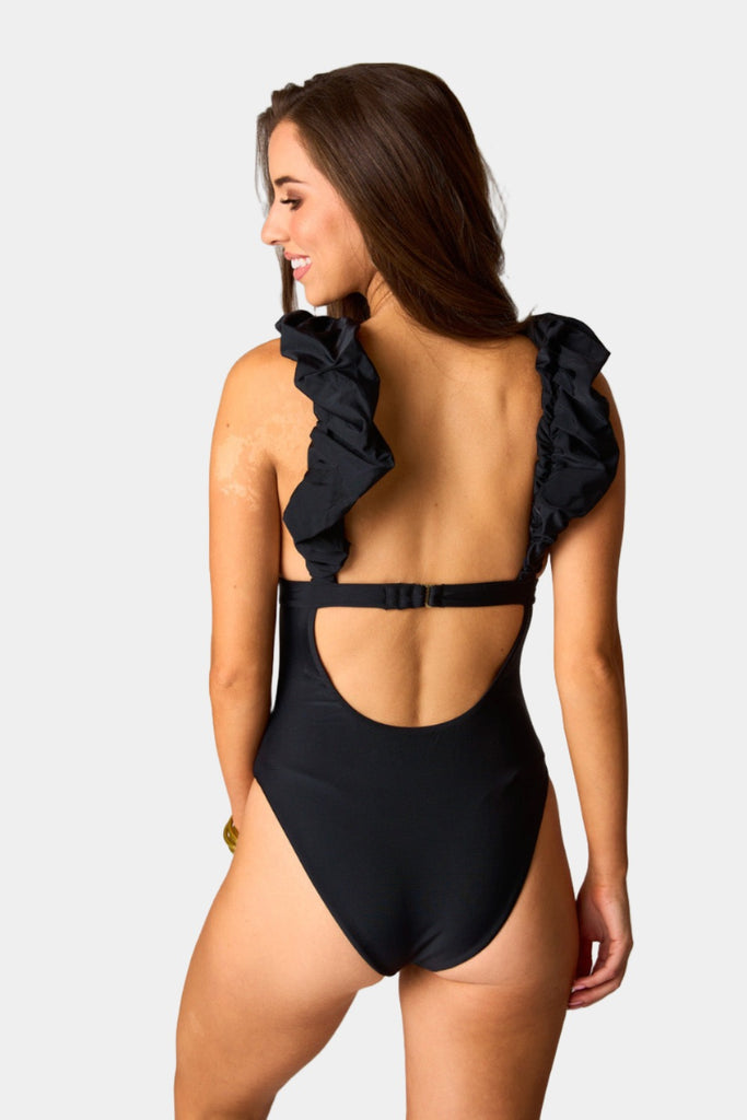 BuddyLove Lala Ruffle Shoulder One-Piece Swimsuit - Black
