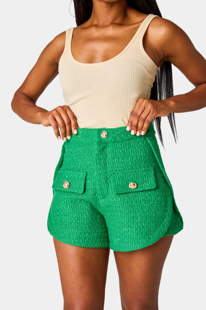 BuddyLove Mae Tweed High-Waisted Shorts - Green