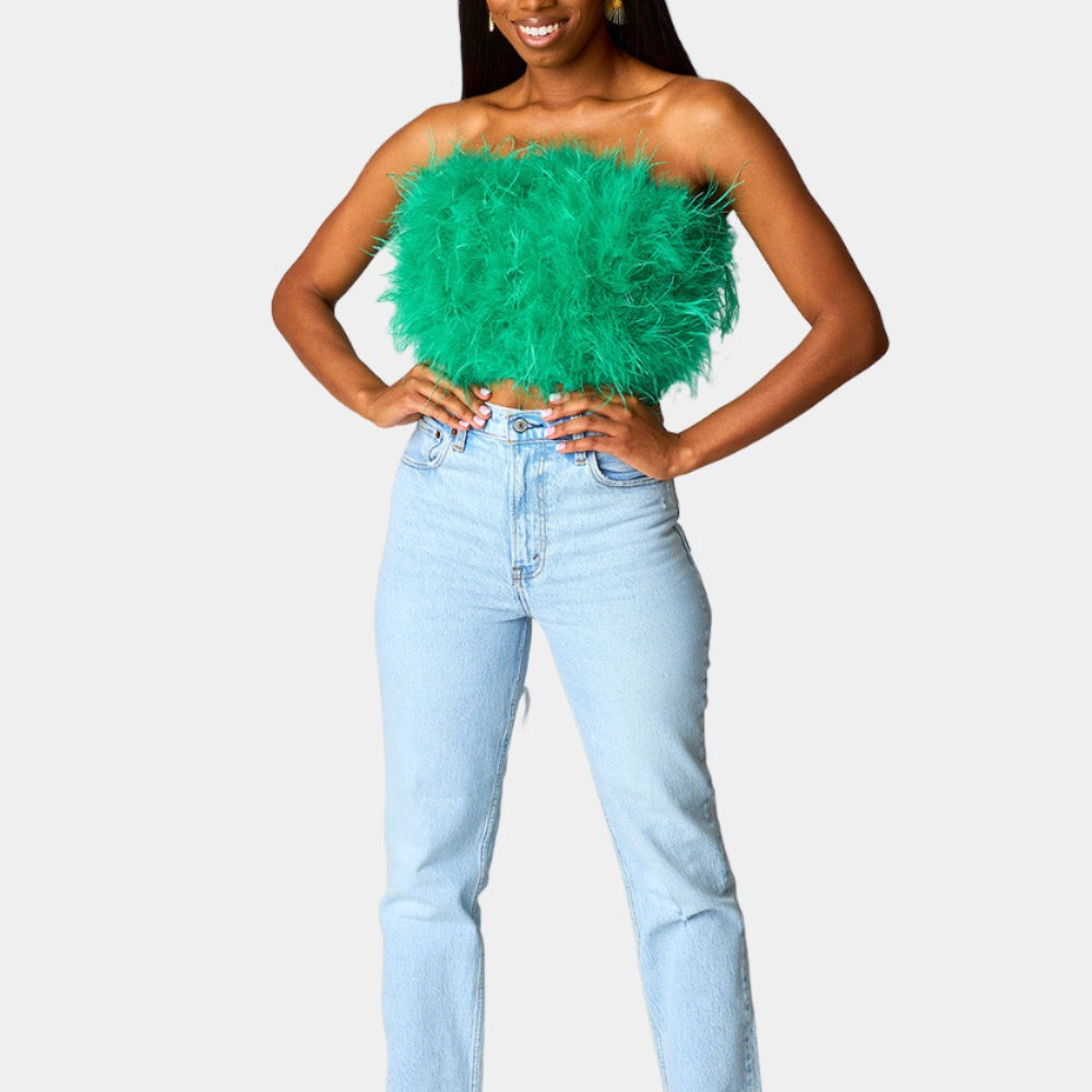 BuddyLove Fancy Strapless Feather Crop Top - Green