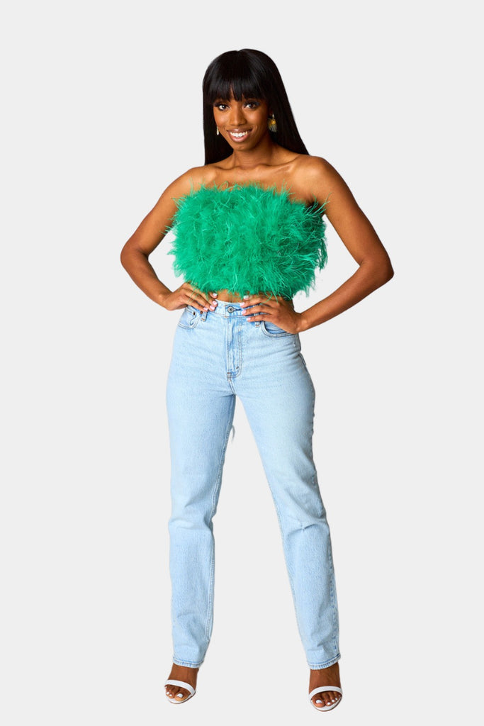 BuddyLove Fancy Strapless Feather Crop Top - Green