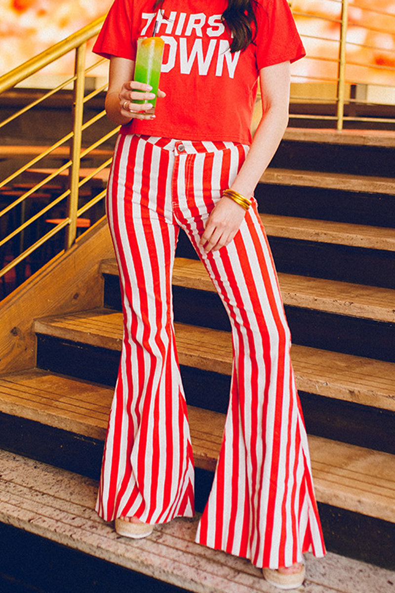 Simple Stripes: Black and white top, High waist flares & Red