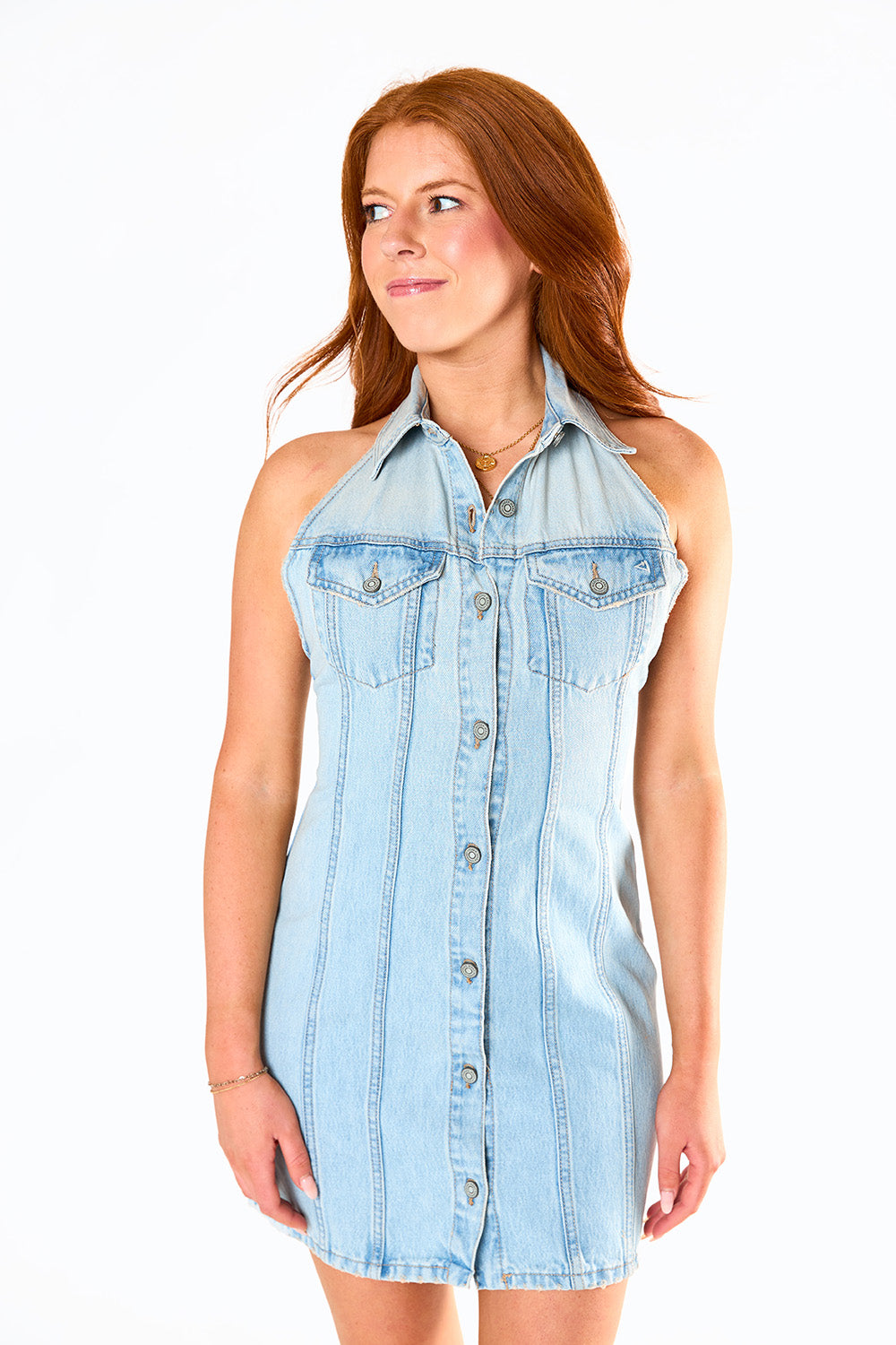 Dolly Denim Halter Dress - Light Blue