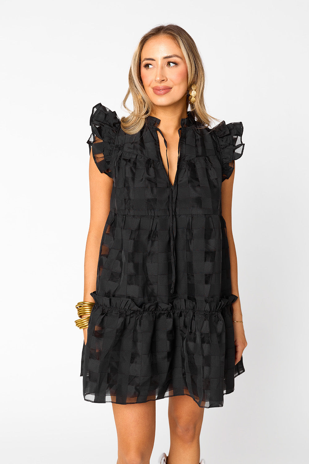 Aubrey Ruffle Shoulder Short Dress - Black