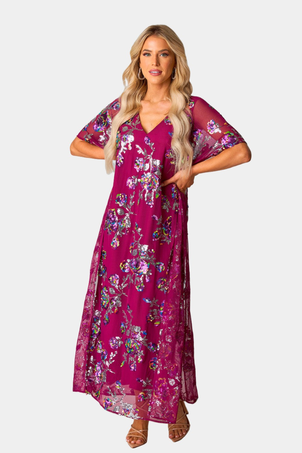 BuddyLove Atlas Sequin Caftan Maxi Dress - Red Sangria