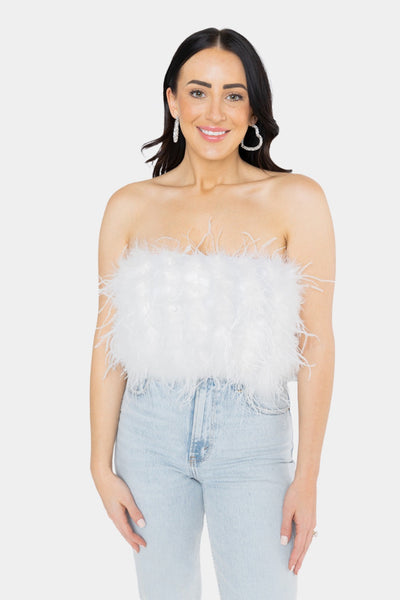 Gupgi Women White Feather Tube Top Strapless Slim Fit Crop Top