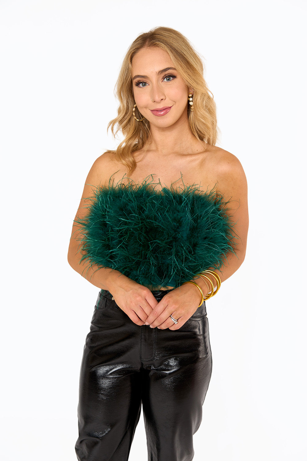 Buddy Love FANCY STRAPLESS FEATHER CROP TOP - GREEN