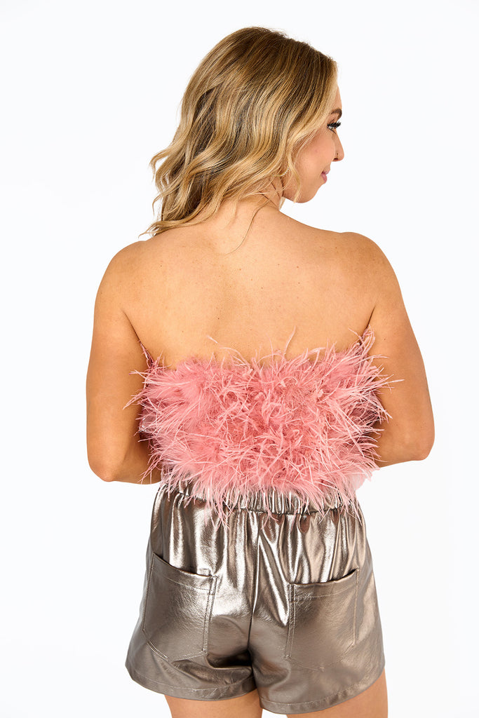 BuddyLove Fancy Strapless Feather Crop Top - Rose Gold