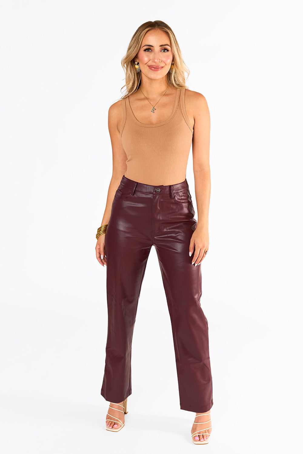 Shinestar Faux Leather Split Straight Pant - Women's Pants in Coffee Bean