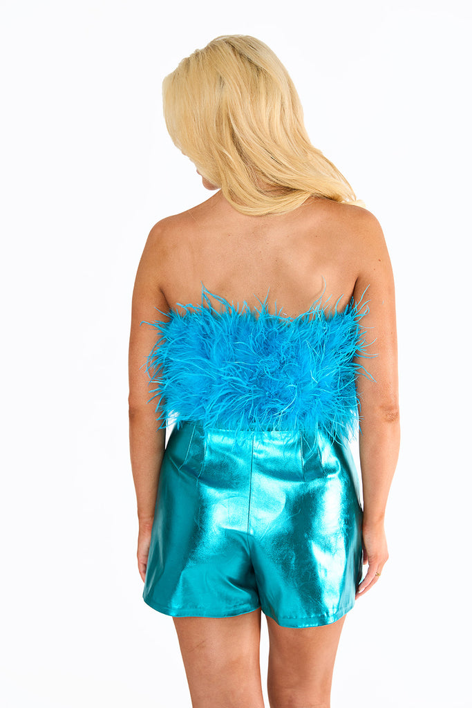 BuddyLove Fancy Strapless Feather Crop Top - Turquoise