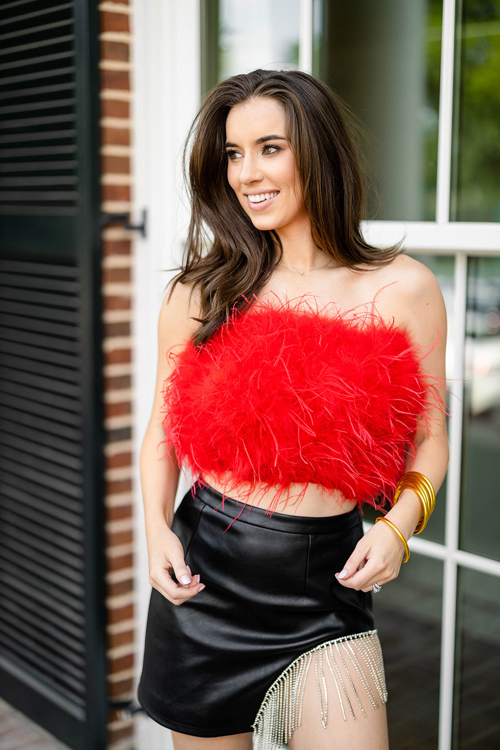 BuddyLove Fancy Strapless Feather Crop Top - Crimson