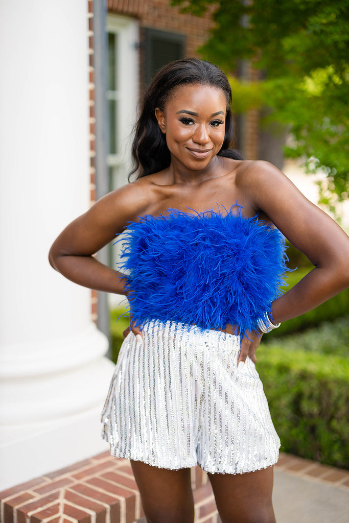 BuddyLove Fancy Strapless Feather Crop Top - Royal Blue