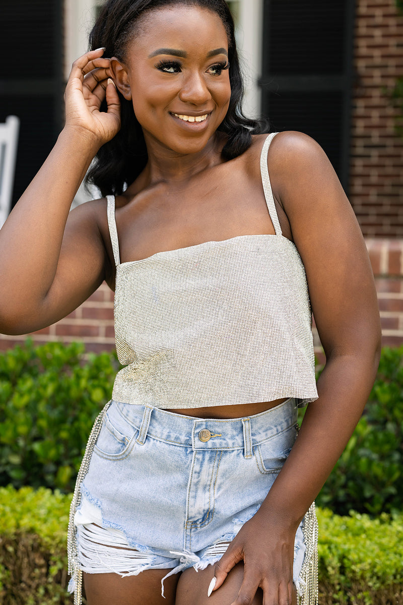 Buddylove Girly Girl Rhinestone Crop Top Silver