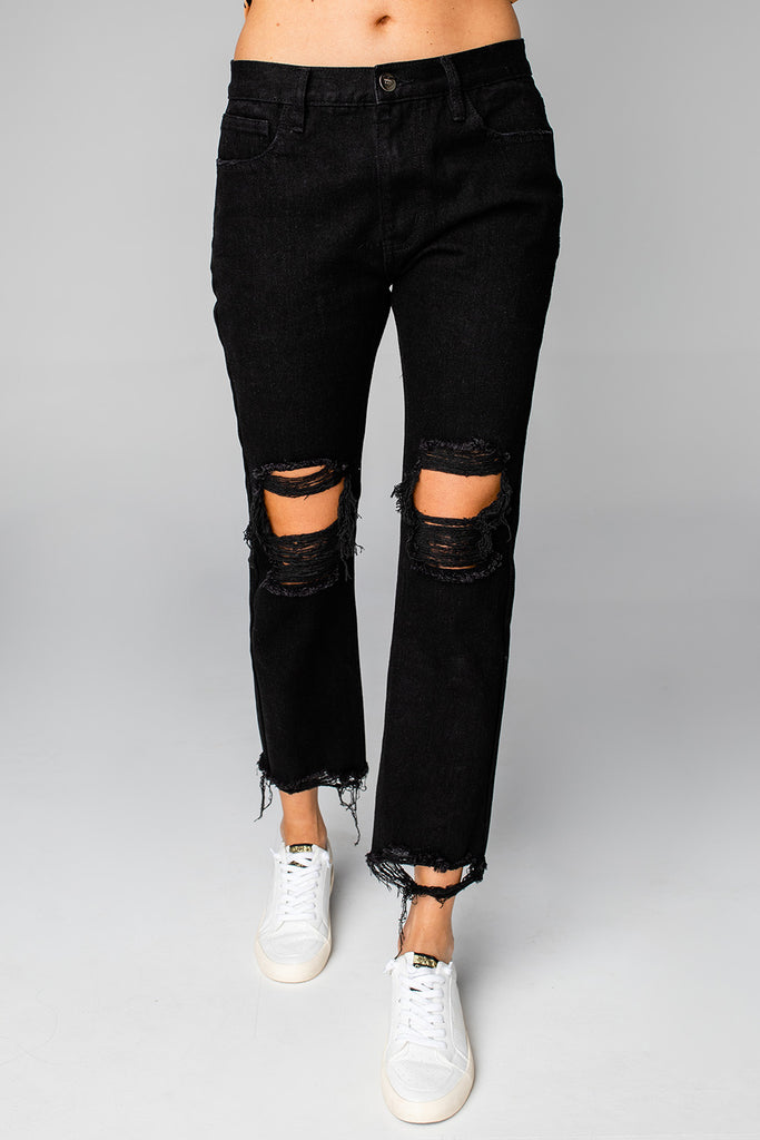 BuddyLove Rosco High-Waisted Distressed Boyfriend Jeans - Black,24 / Black / Solids