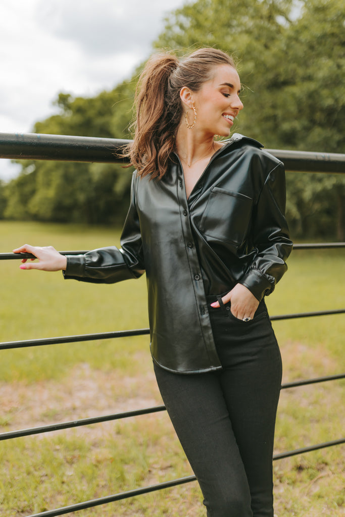 BuddyLove Brielle Vegan Leather Button Up Top - Black