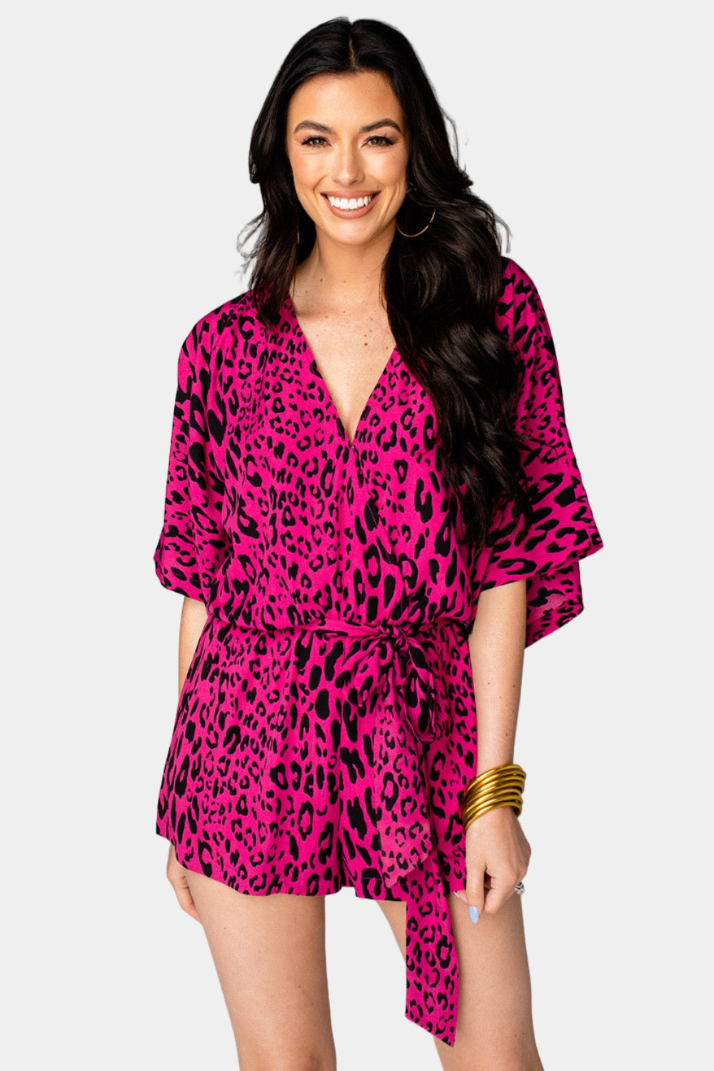 BuddyLove Maya Surplice Neckline Romper - Fuchsia Cat