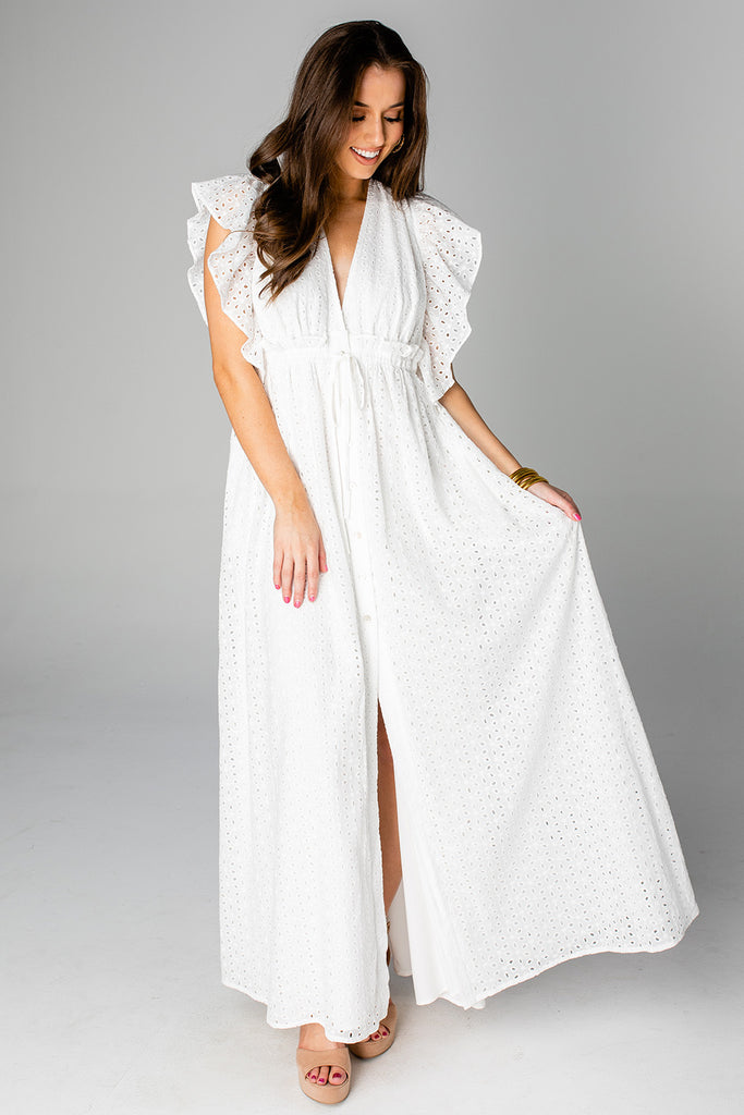 BuddyLove Amelia Ruffle Sleeve Maxi Dress - White Eyelet