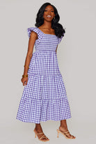 BuddyLove Brynn Ruffle Shoulder Midi Dress - Purple Checker