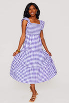 BuddyLove Brynn Ruffle Shoulder Midi Dress - Purple Checker