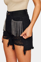 BuddyLove Elvis Crystal Fringe Denim Shorts - Black