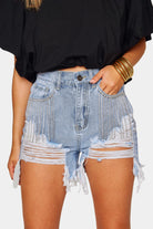 BuddyLove Elvis Crystal Fringe Denim Shorts - Light Wash