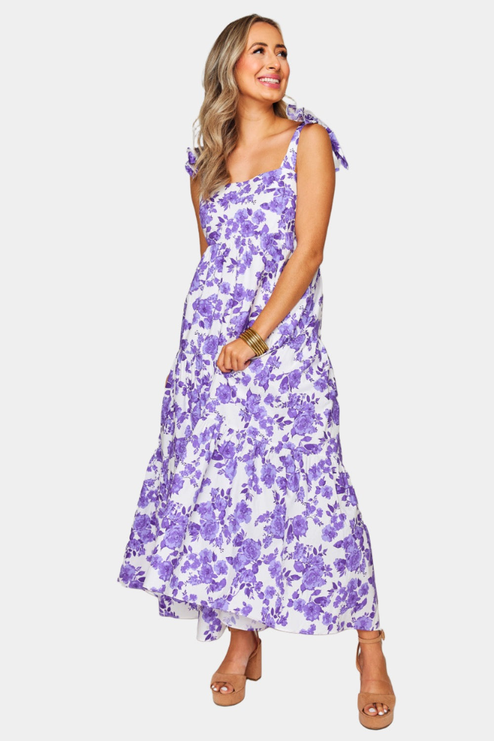 F&F White Purple Blue Floral Pattern Cold Shoulder Tunic Sun Dress