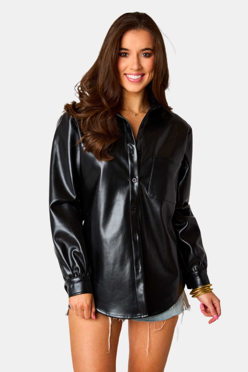 BuddyLove Brielle Vegan Leather Button Up Top - Black