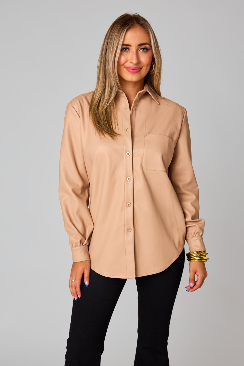 BuddyLove Brielle Vegan Leather Button Up Top - Espresso