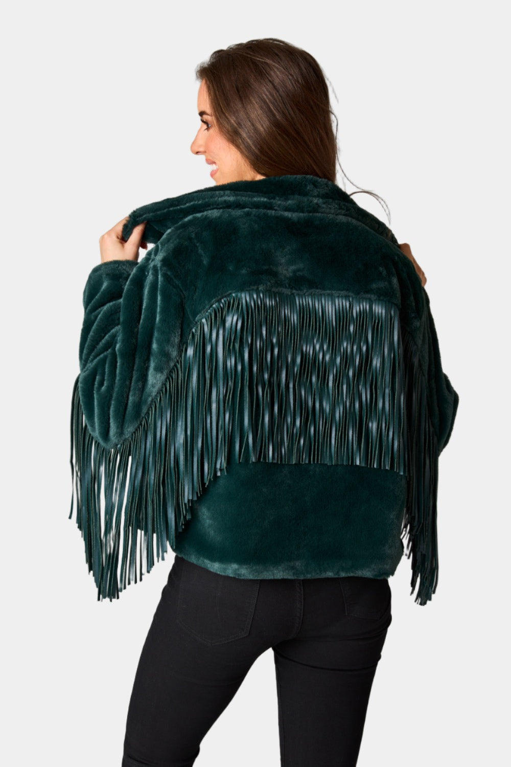 BuddyLove Skylar Fringe Faux Fur Jacket - Jade