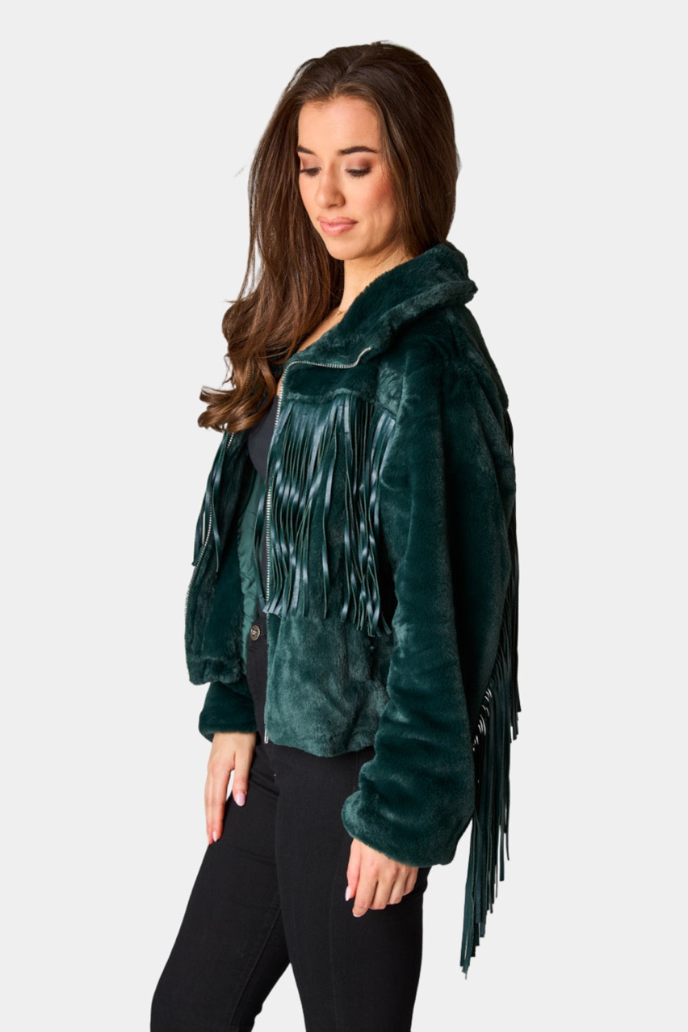 BuddyLove Skylar Fringe Faux Fur Jacket - Jade