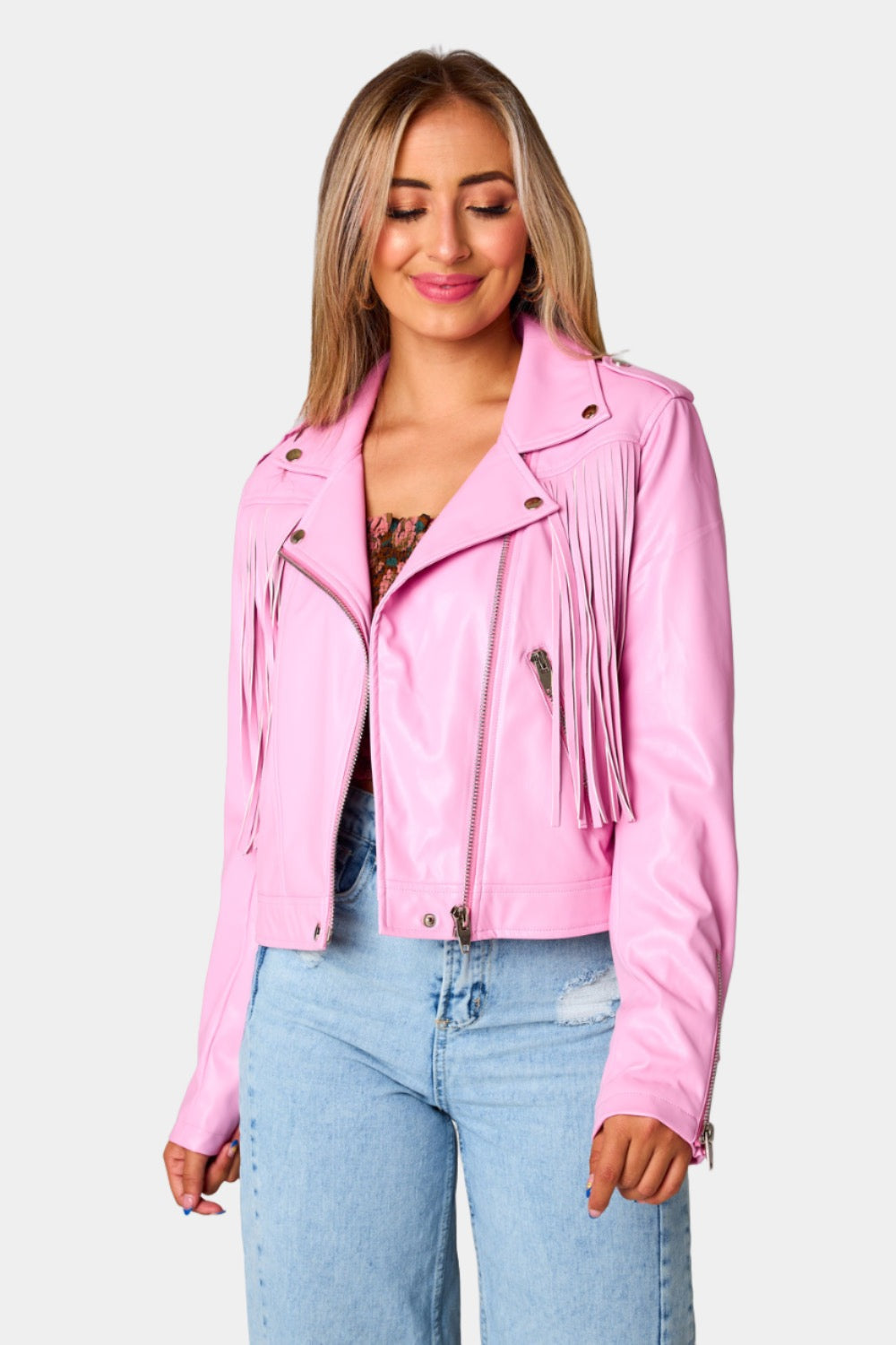 BuddyLove Skylar Fringe Faux Fur Jacket - Hot Pink XL Solids