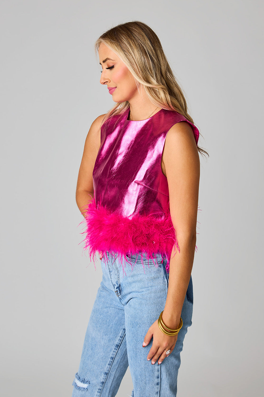 BuddyLove Fancy Strapless Feather Crop Top - Baby Pink - S / Pink / Solids