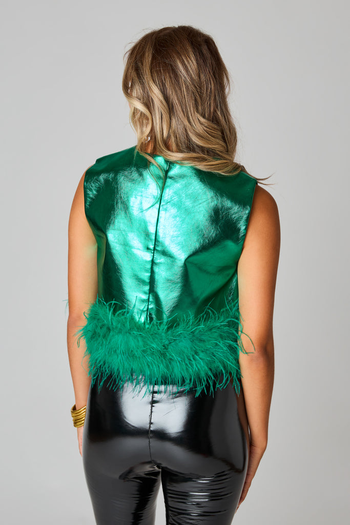 BuddyLove Queenie Metallic Feather Trim Top - Emerald