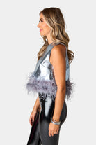 BuddyLove Queenie Metallic Feather Trim Top - Silver