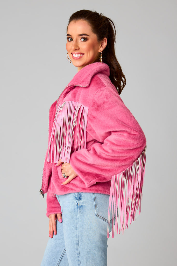 BuddyLove Skylar Fringe Faux Fur Jacket - Hot Pink