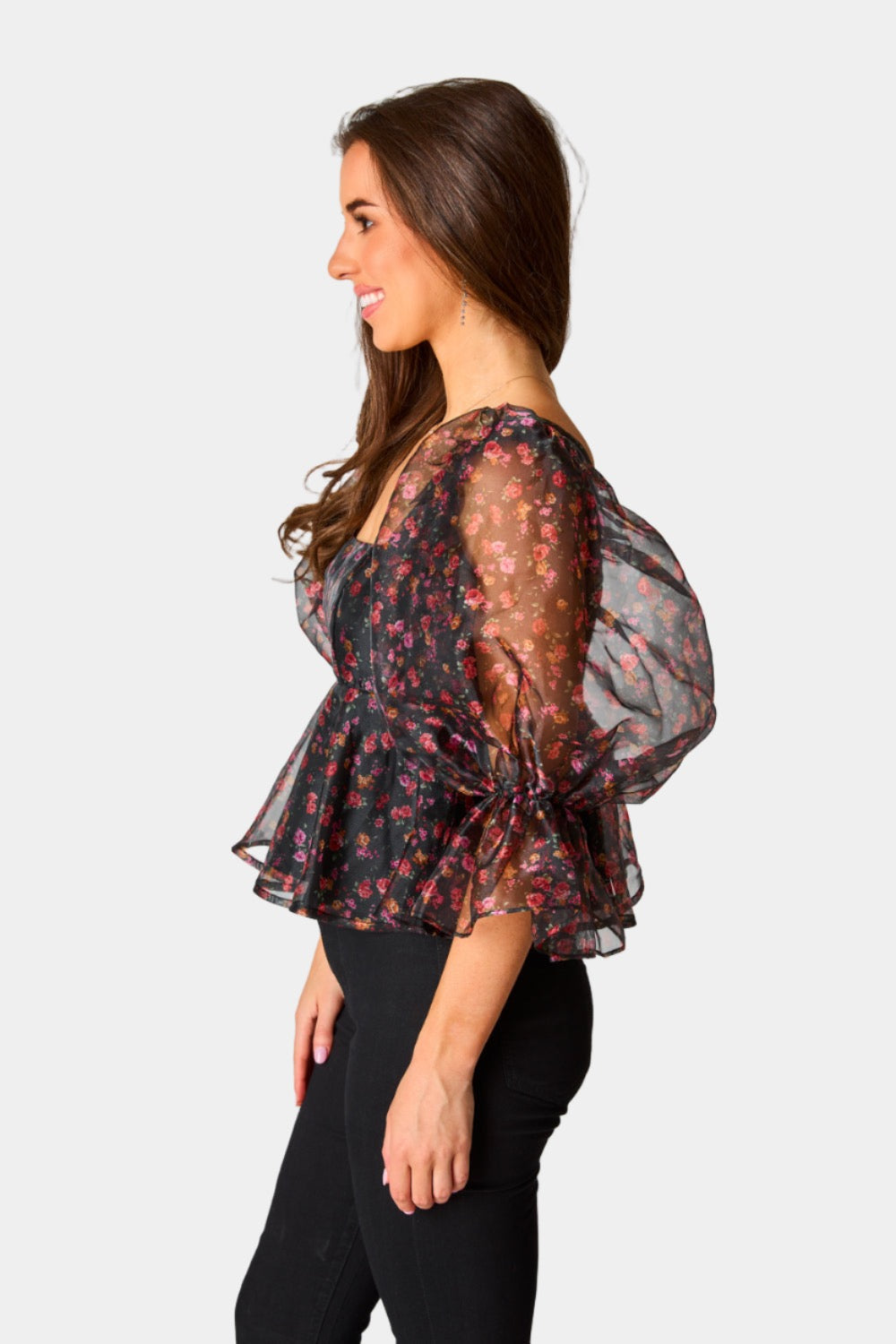 BuddyLove Pammie Puff Sleeve Peplum Top - Floral Fantasy