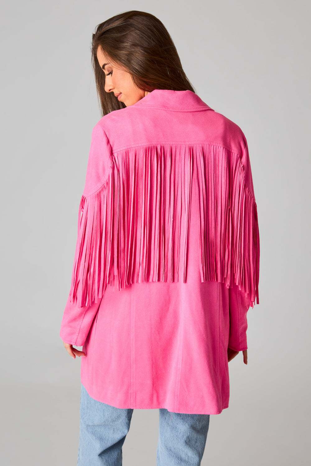 BuddyLove Skylar Fringe Faux Fur Jacket - Hot Pink XL Solids