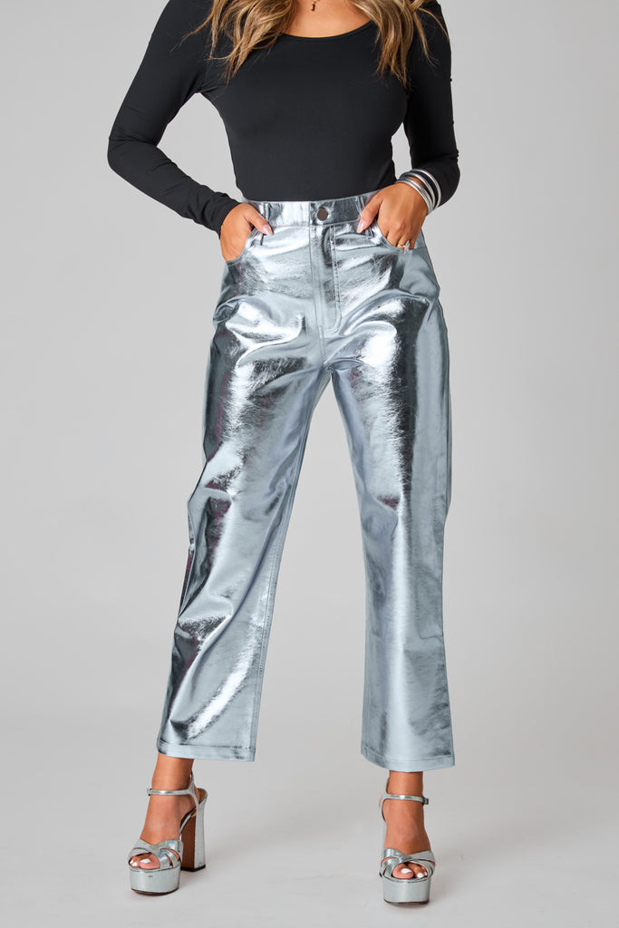 BuddyLove Travolta High-Rise Metallic Pants - Silver